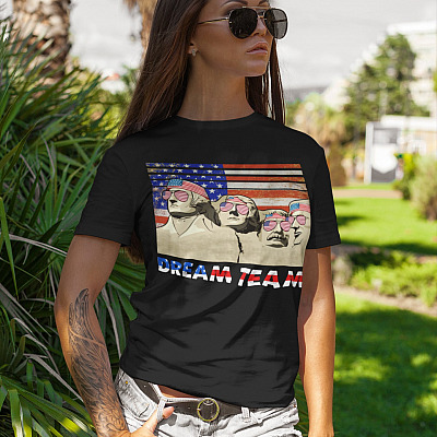 Alternative view of Mount Rushmore Dream Team Dark T-Shirt - President Dream Team - Fourth of July Shirt