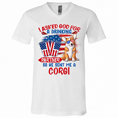 corgi, White, V-Neck T-Shirt