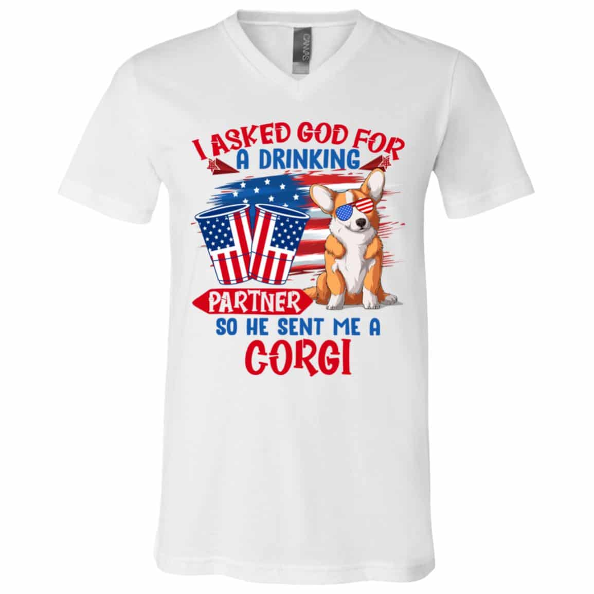 corgi, White, V-Neck T-Shirt