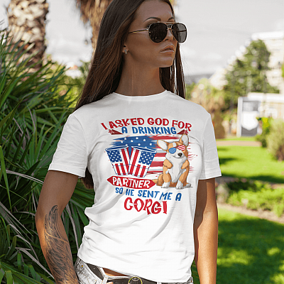 Alternative view of I Asked God For A Drinking Partner So He Sent Me A Corgi 4th Of July T-Shirt - V-Neck Shirt