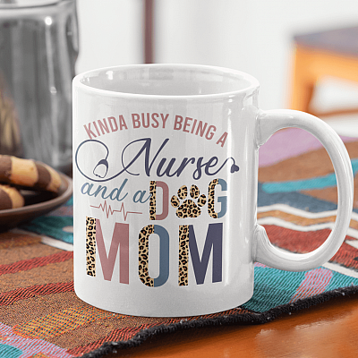 Kinda Busy Being A Nurse And A Dog Mom Leopard Ceramic Coffee Mug - Water Bottle - Dog Lovers Gift
