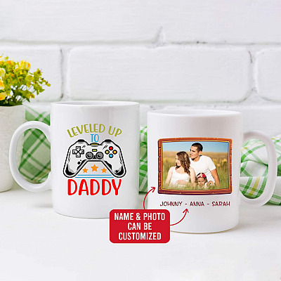 Alternative view of Personalized Photo Leveled up To Daddy Video Game Controller Fathers Day Two Sided Ceramic Coffee Mug