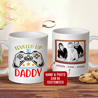 Personalized Photo Leveled up To Daddy Video Game Controller Fathers Day Two Sided Ceramic Coffee Mug