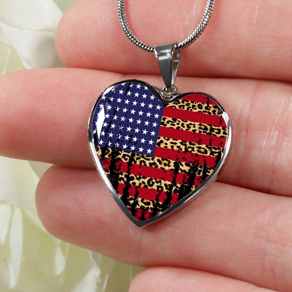 American Flag Leopard Pattern 4th of July Heart Pendant Necklace