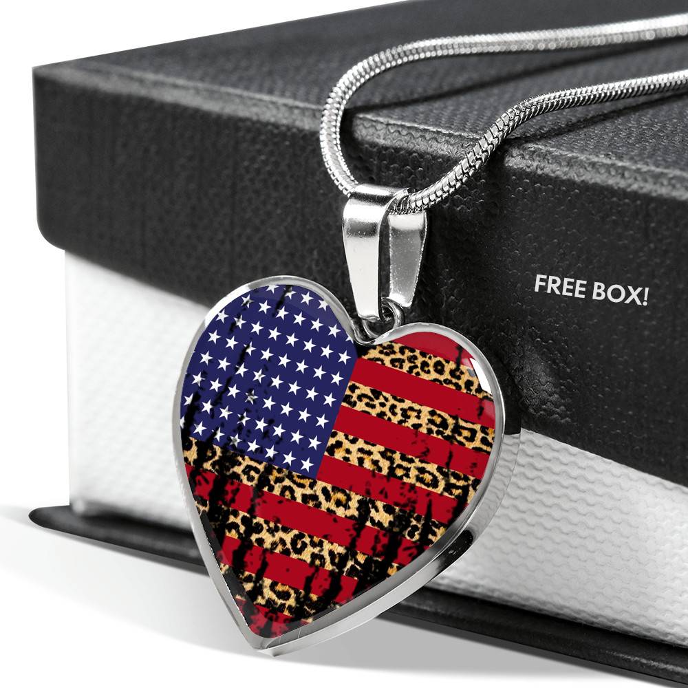 American Flag Leopard Pattern 4th of July Heart Pendant Necklace
