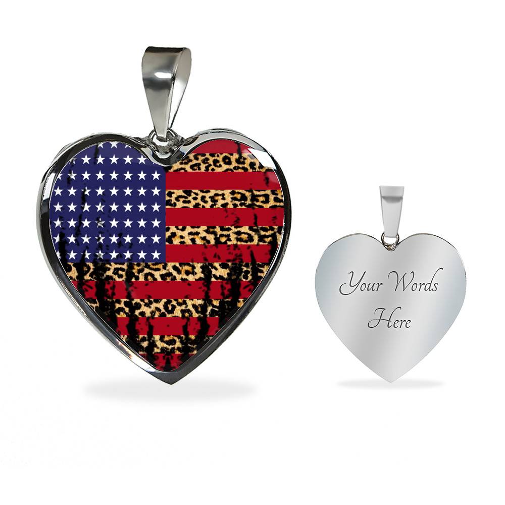 American Flag Leopard Pattern 4th of July Heart Pendant Necklace