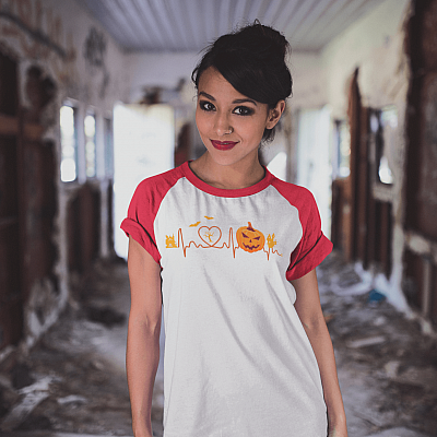 Alternative view of Halloween Pumpkin Heart Raglan Jersey Shirt- Funny Halloween Shirt