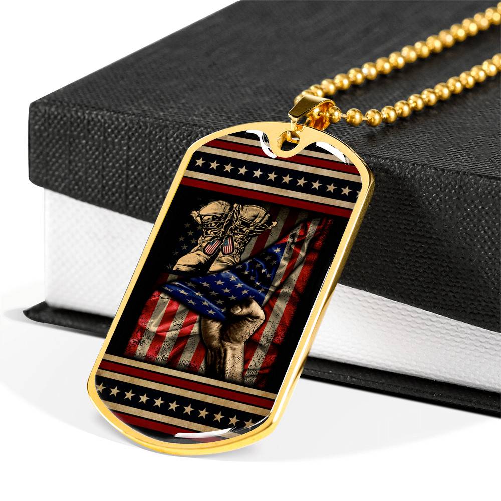 U.S Soldier Military Veteran Combat Boots With American Flag Dog Tag Pendant Necklace - Army Gifts