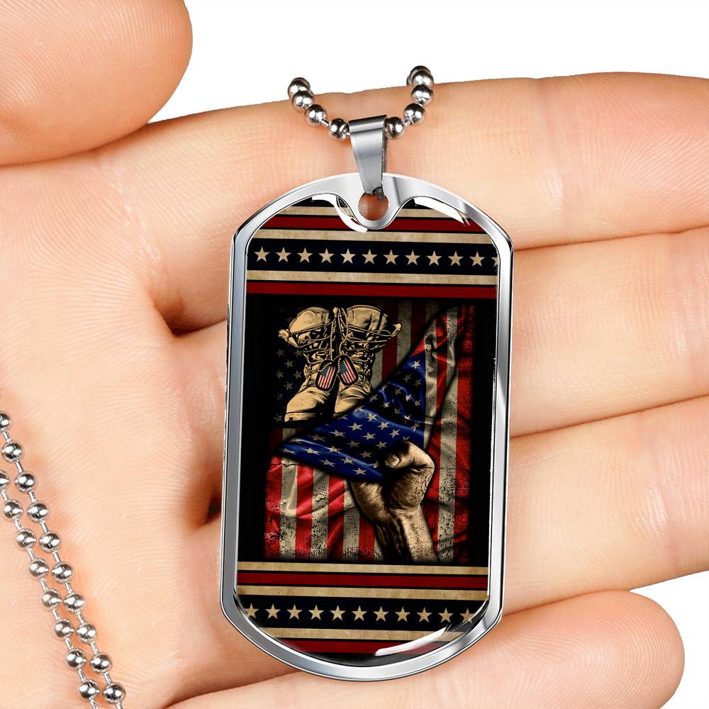 U.S Soldier Military Veteran Combat Boots With American Flag Dog Tag Pendant Necklace - Army Gifts