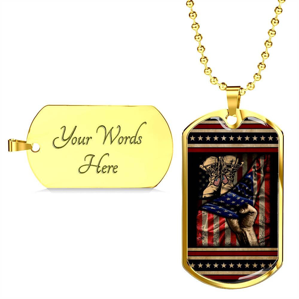 U.S Soldier Military Veteran Combat Boots With American Flag Dog Tag Pendant Necklace - Army Gifts