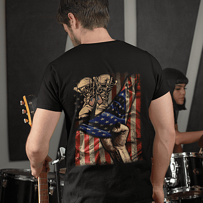 Alternative view of U.S Soldier Veteran Military Combat Boots With American Flag Print On Back Only T-shirt - Army Gifts