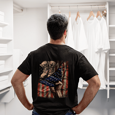 U.S Soldier Veteran Military Combat Boots With American Flag Print On Back Only T-shirt - Army Gifts