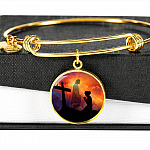 Women Kneeling Before Jesus Cross Christian Circle Necklace - Bangle