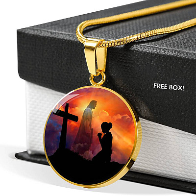 Women Kneeling Before Jesus Cross Christian Circle Necklace - Bangle