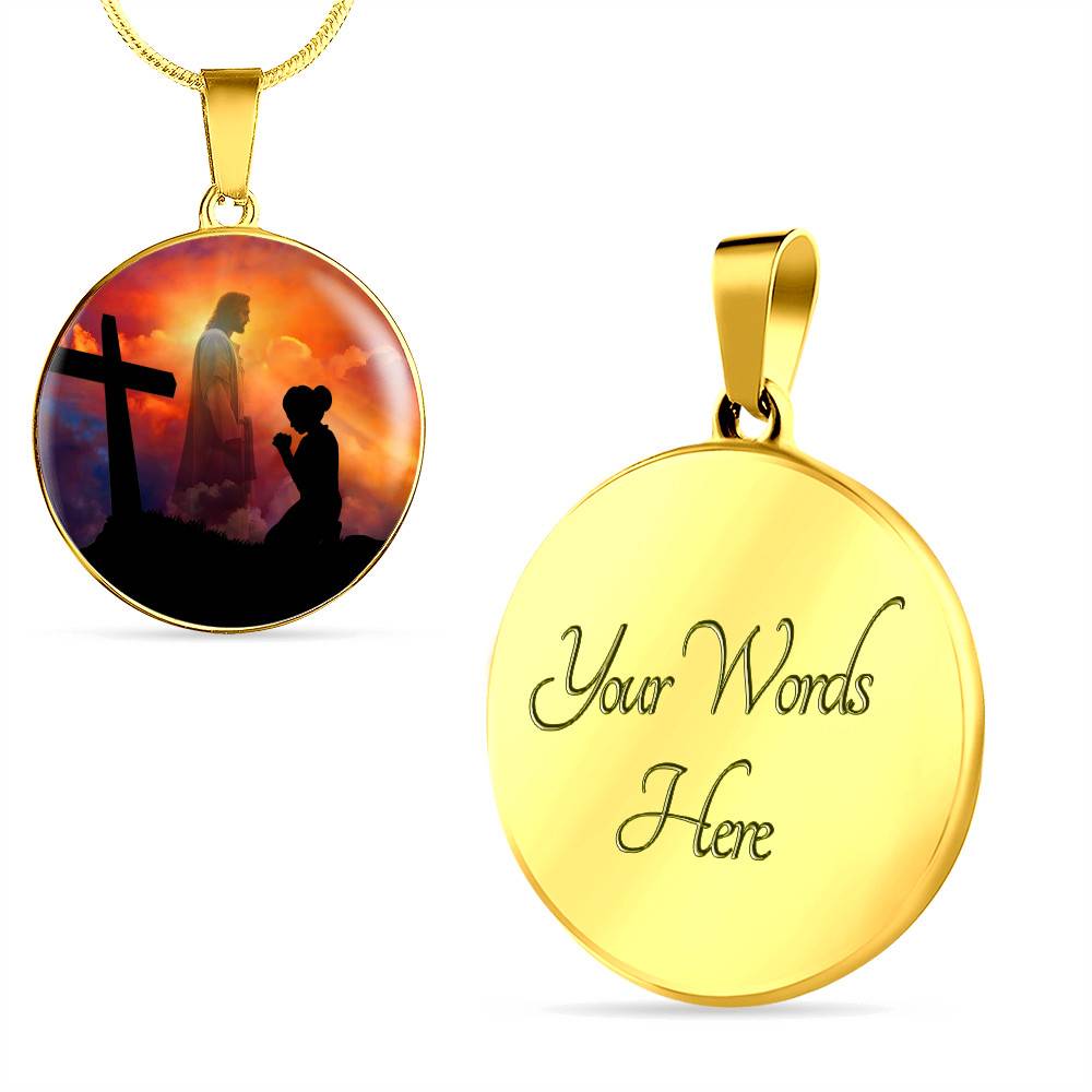Women Kneeling Before Jesus Cross Christian Circle Necklace - Bangle