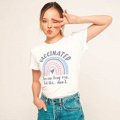 Alternative view of Vaccinated You Can Hug Me But Like Don't T-Shirt - Cute Rainbow Vaccinated Shirt