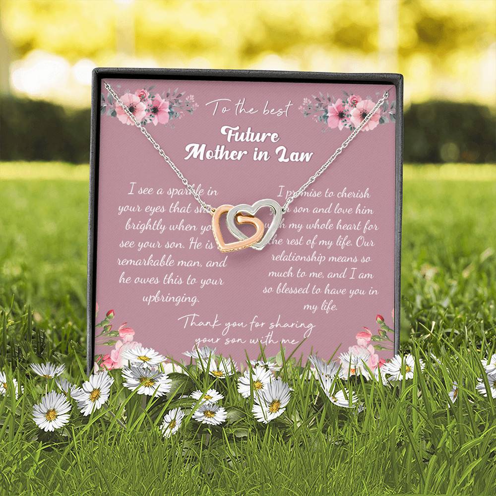 To the Best Future Mother in Law Thank You for Sharing Your Son with Me Interlocking Hearts Pendant Necklace
