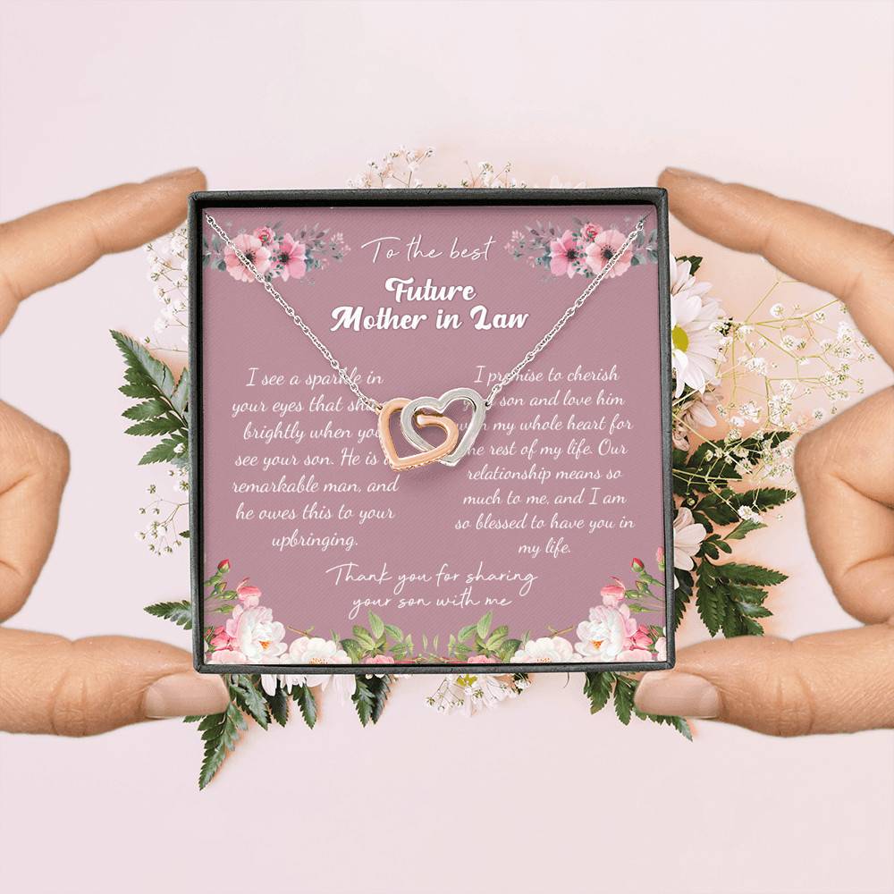 To the Best Future Mother in Law Thank You for Sharing Your Son with Me Interlocking Hearts Pendant Necklace