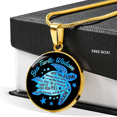Blue Sea Turtle Wisdom Slow Down Spend More Time at the Beach Enjoy Time By Yourself Breathe Circle Pendant Necklace
