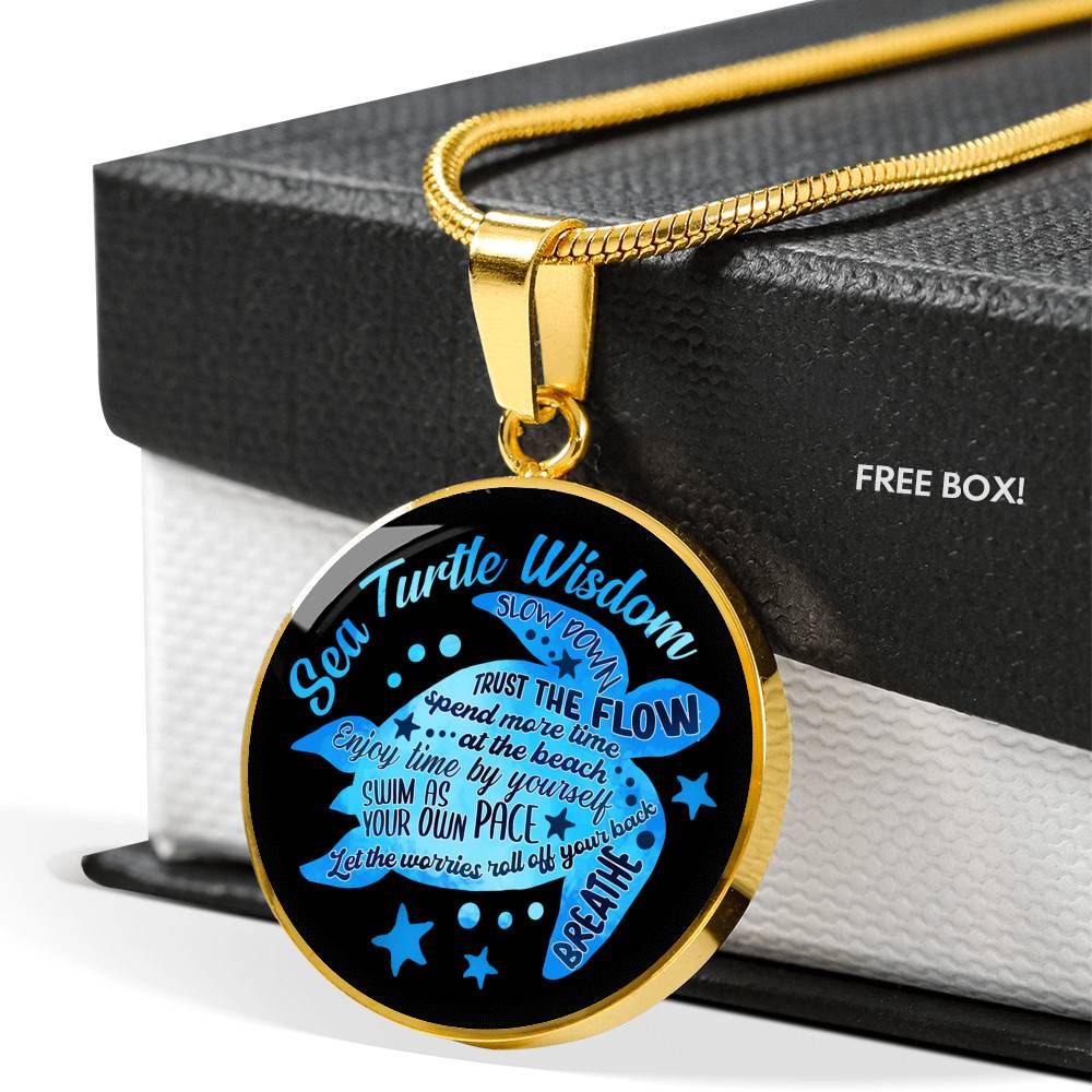 Blue Sea Turtle Wisdom Slow Down Spend More Time at the Beach Enjoy Time By Yourself Breathe Circle Pendant Necklace