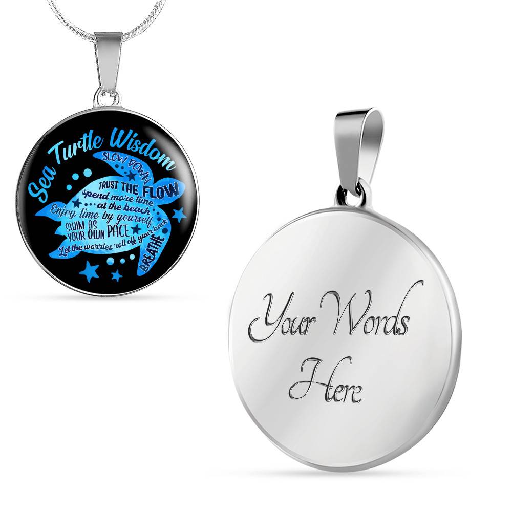 Blue Sea Turtle Wisdom Slow Down Spend More Time at the Beach Enjoy Time By Yourself Breathe Circle Pendant Necklace