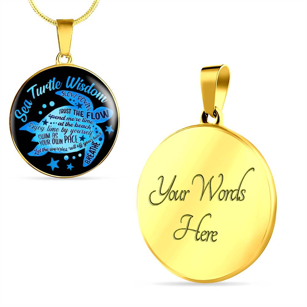 Blue Sea Turtle Wisdom Slow Down Spend More Time at the Beach Enjoy Time By Yourself Breathe Circle Pendant Necklace