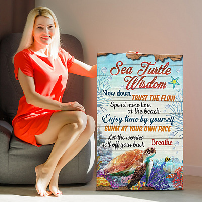 Alternative view of Sea Turtle Wisdom Slow Down Spend More Time at the Beach Breathe Woody Framed Canvas Prints - Unframed Poster