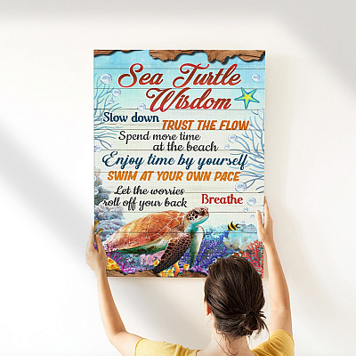 Sea Turtle Wisdom Slow Down Spend More Time at the Beach Breathe Woody Framed Canvas Prints - Unframed Poster