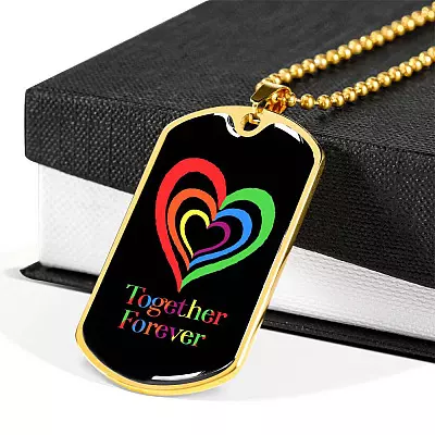 LGBTQ Rainbow Heart Together Forever - Dog Tag Pendant Necklace - Gay Pride Month Gift