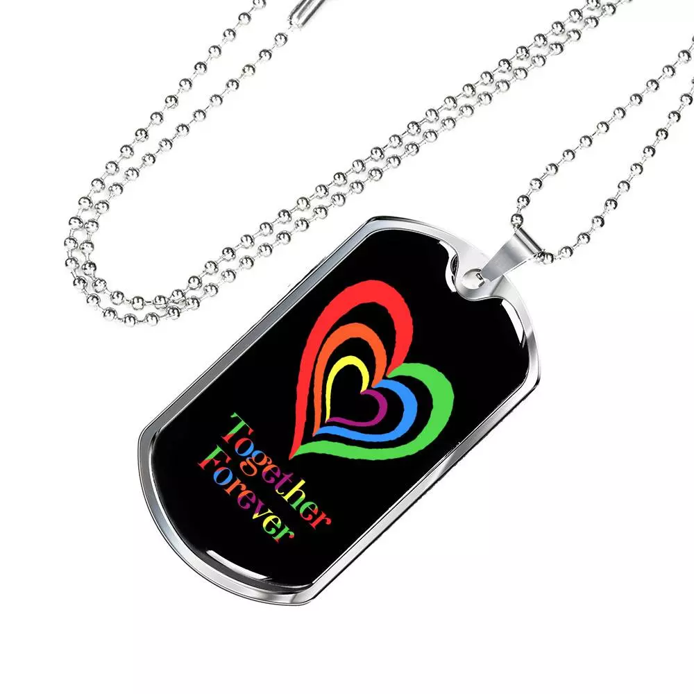 LGBTQ Rainbow Heart Together Forever - Dog Tag Pendant Necklace - Gay Pride Month Gift