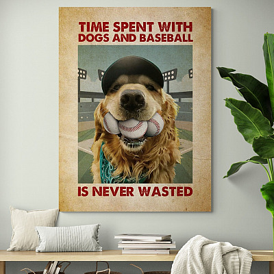 Vintage Golden Retriever Time Spent with Dogs and Baseball Is Never Wasted Wrapped Framed Canvas Print - Unframed Poster