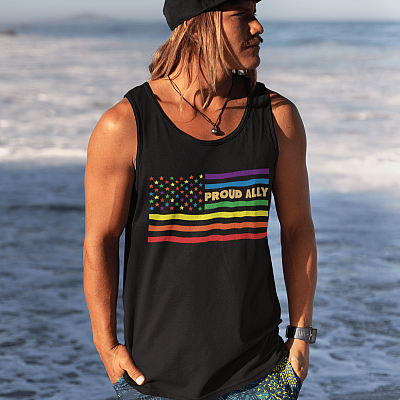 Alternative view of Proud Ally LGBT Flag Cotton Tank Top Tee - Ladies Racerback Tank - Proud Ally Rainbow Gay American Flag Tank