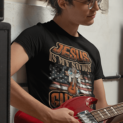 Alternative view of Jesus Is My Savior Guitar Is My Therapy American Flag T-Shirt - Guitar Lover Shirt