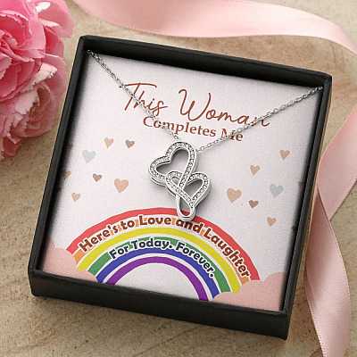 LGBT Lesbian This Woman Completes Me Double Hearts Pendant Necklace - Gift For Lesbian