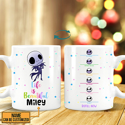 Alternative view of Personalized Jack Skellington Life Is Beautiful 2 Sided Mug - Beer Stein - Color Changing Mug