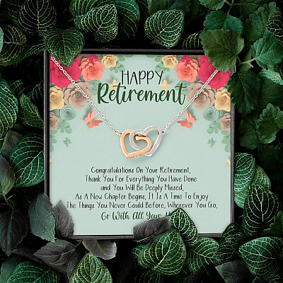 Happy Retirement Interlocking Hearts Pendant Necklace - Coworker Boss Farewell Retirement Gift