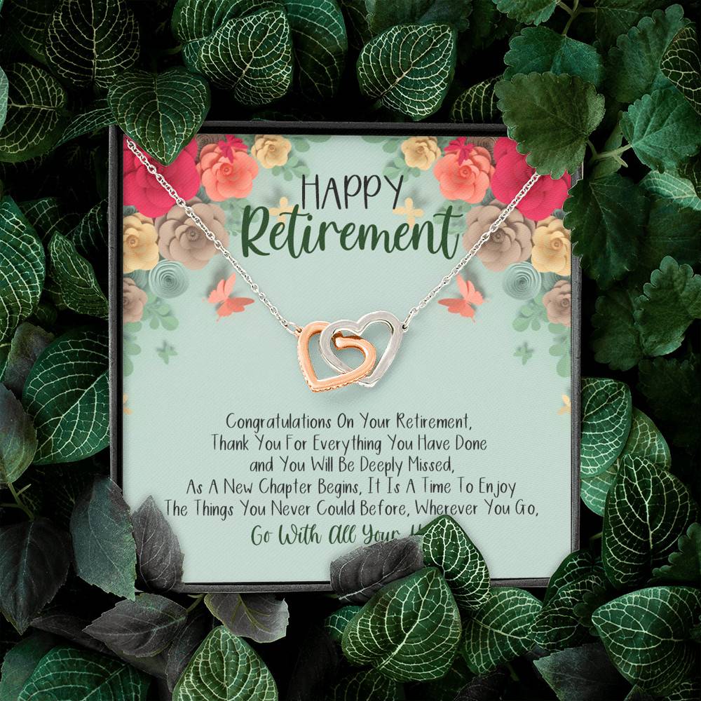 Happy Retirement Interlocking Hearts Pendant Necklace - Coworker Boss Farewell Retirement Gift