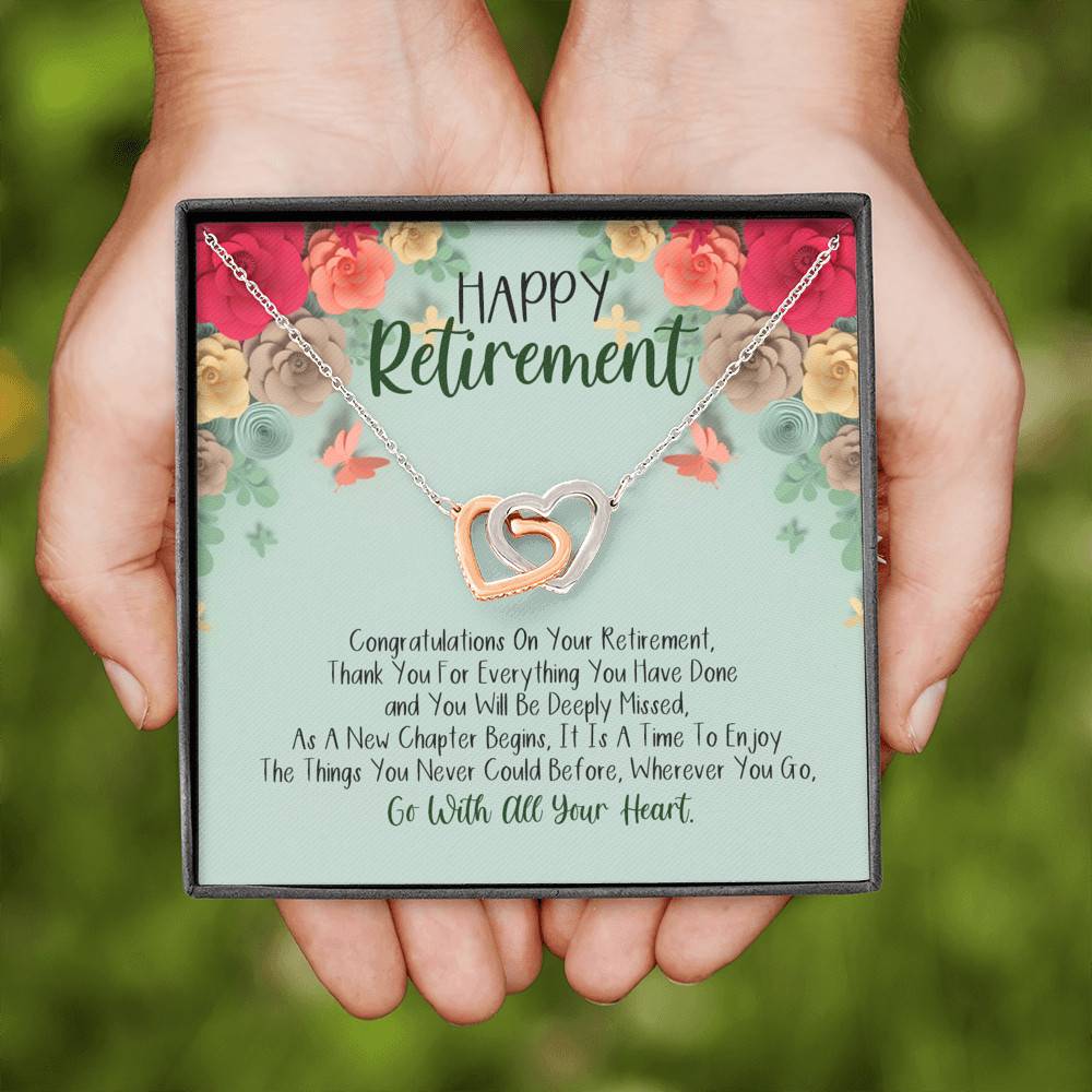 Happy Retirement Interlocking Hearts Pendant Necklace - Coworker Boss Farewell Retirement Gift