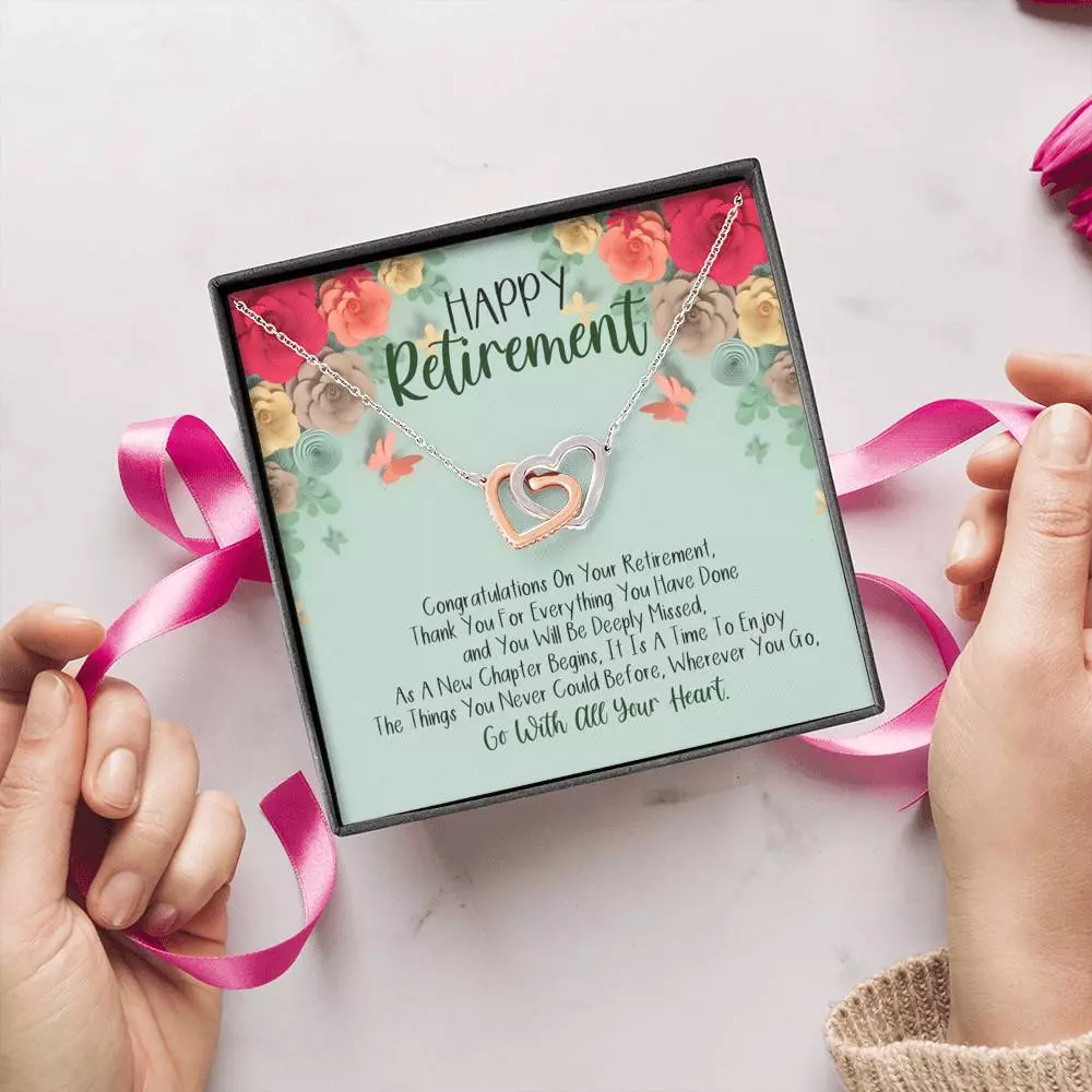 Happy Retirement Interlocking Hearts Pendant Necklace - Coworker Boss Farewell Retirement Gift