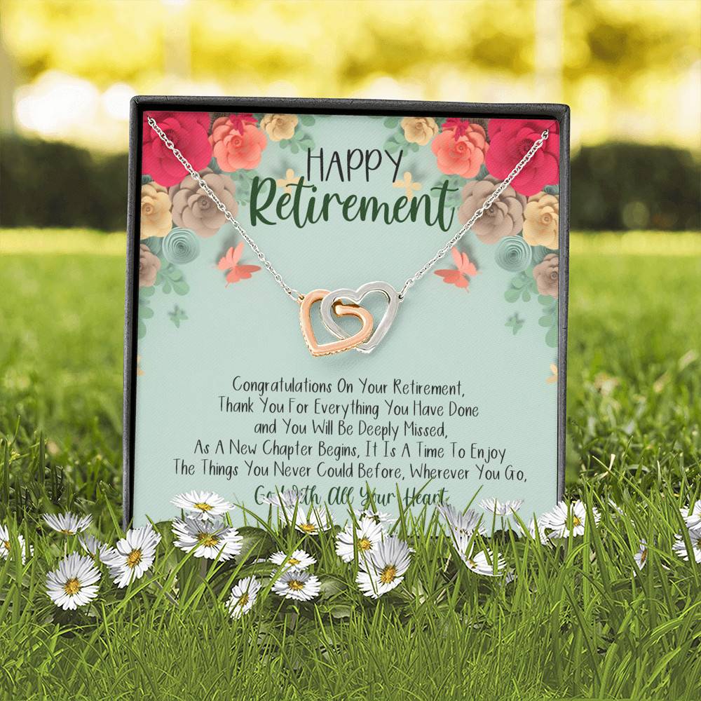 Happy Retirement Interlocking Hearts Pendant Necklace - Coworker Boss Farewell Retirement Gift