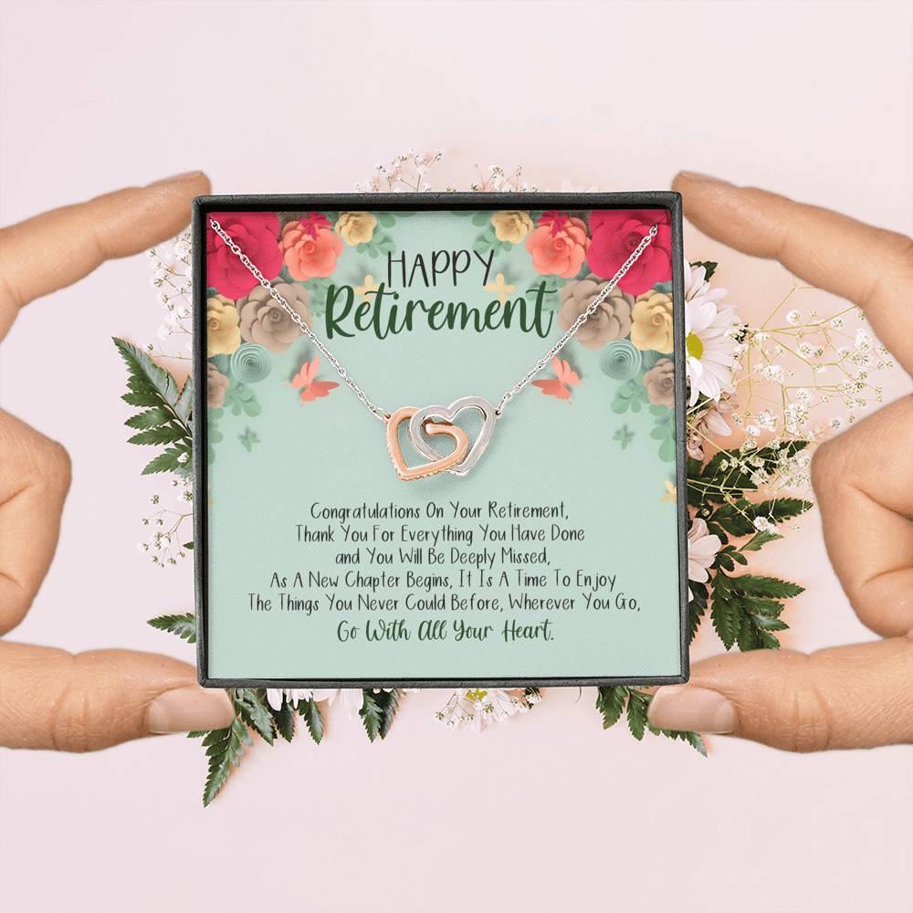 Happy Retirement Interlocking Hearts Pendant Necklace - Coworker Boss Farewell Retirement Gift