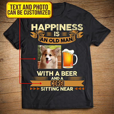 Personalized Photo Happiness Is An Old Man With A Beer And A Dog Sitting Near T-Shirt - Dog And Beer Lover Shirt