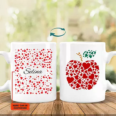 Personalized Teacher Apple Heart Ceramic Coffee Mug - Beer Stein - Water Bottle - Color Changing Mug