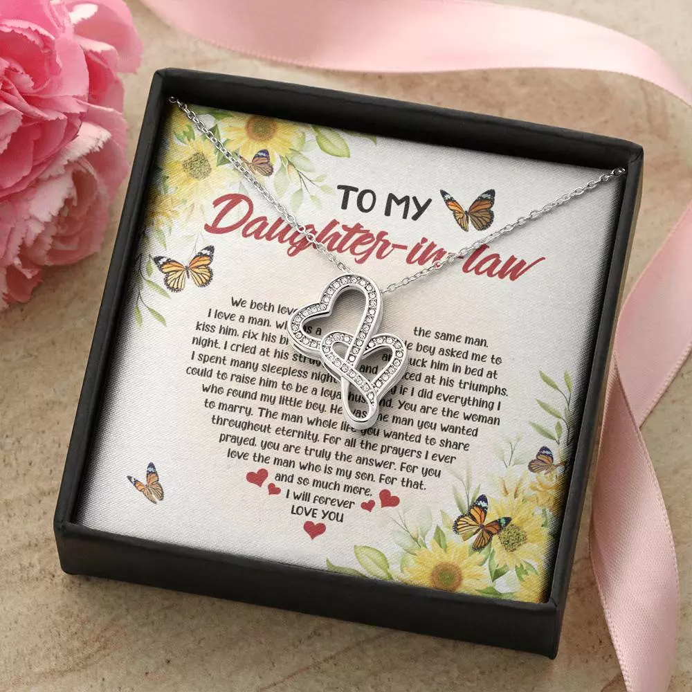 To My Daughter In Law We Both Love The Same Man Double Hearts Necklace - Wedding Gifts