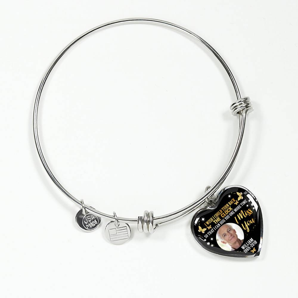 Personalized Photo I Wish I Could Turn Back The Clock So That I Can Hug You One More Time Heart Pendant Necklace - Bangle