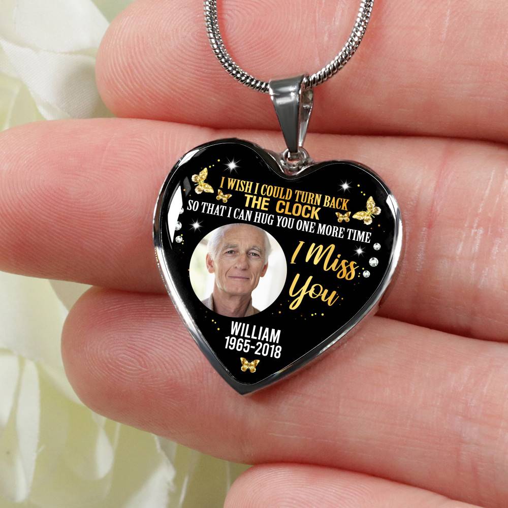 Personalized Photo I Wish I Could Turn Back The Clock So That I Can Hug You One More Time Heart Pendant Necklace - Bangle