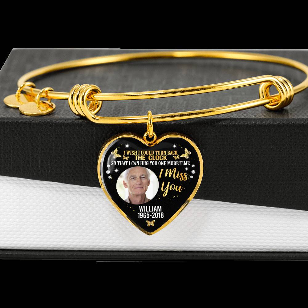 Personalized Photo I Wish I Could Turn Back The Clock So That I Can Hug You One More Time Heart Pendant Necklace - Bangle