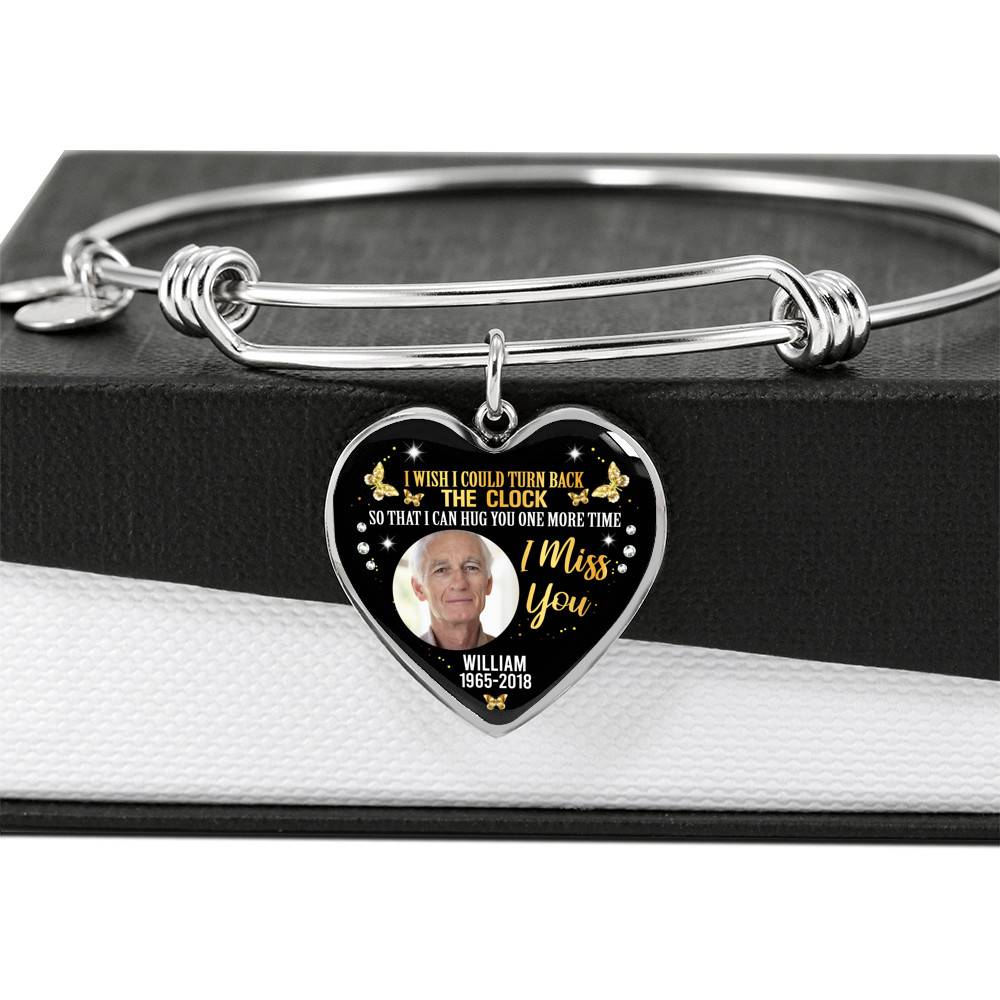 Personalized Photo I Wish I Could Turn Back The Clock So That I Can Hug You One More Time Heart Pendant Necklace - Bangle