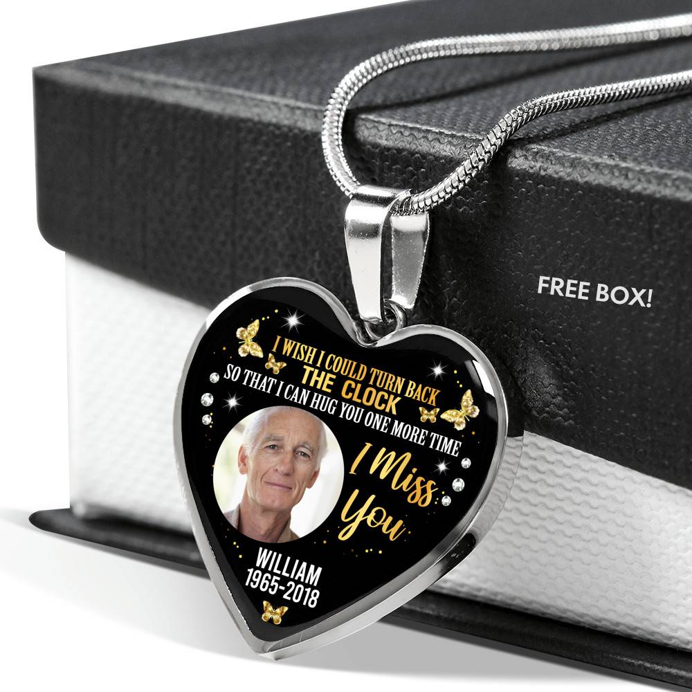 Personalized Photo I Wish I Could Turn Back The Clock So That I Can Hug You One More Time Heart Pendant Necklace - Bangle