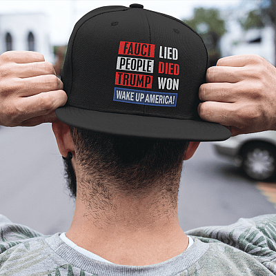 Alternative view of Fauci Lied People Died Trump Won Wake Up America Twill Cap - High-Profile Snapback Hat - Trucker Hat